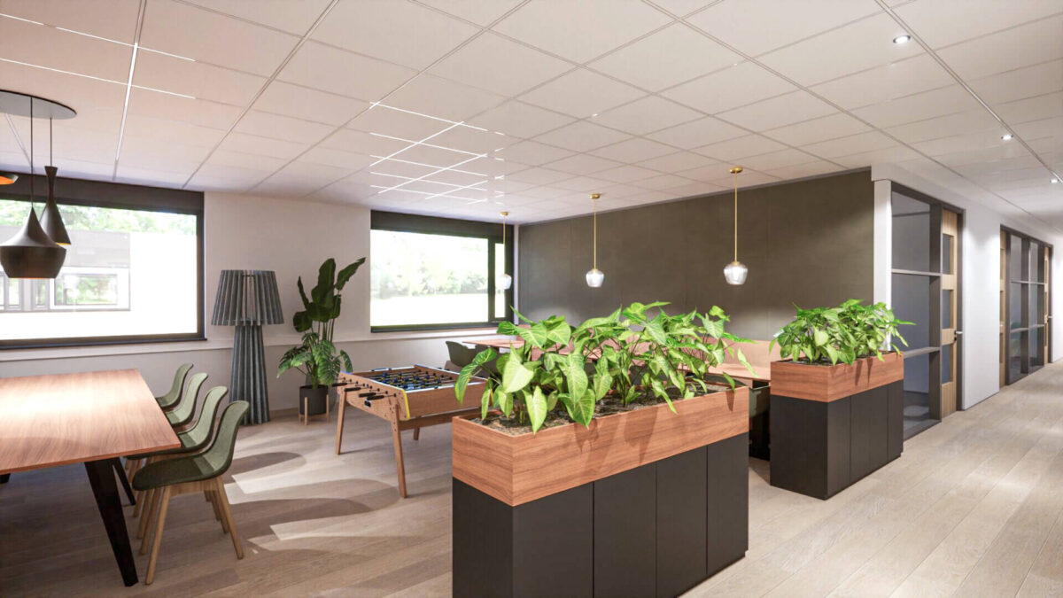 "3D visualisatie van studio offices ontworpen door CC Dimension voor Newomij Vastgoed in Utrecht. Functioneel en inspirerend design."