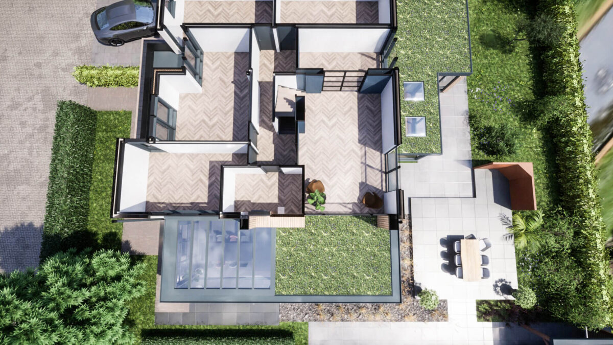 "3D-visualisatie van een eigentijdse vrijstaande woning met modern ontwerp en aantrekkelijke architecturale details.