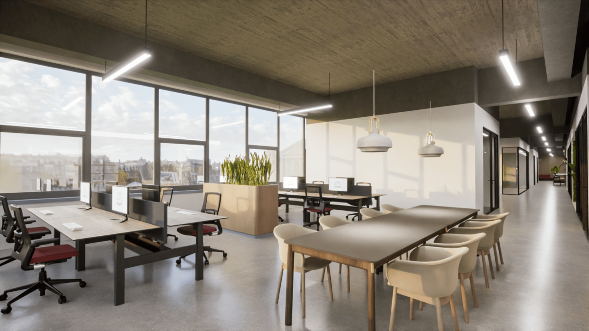 "3D-render van eigentijds kantoorinterieur met stijlvol meubilair en optimale werkruimte."