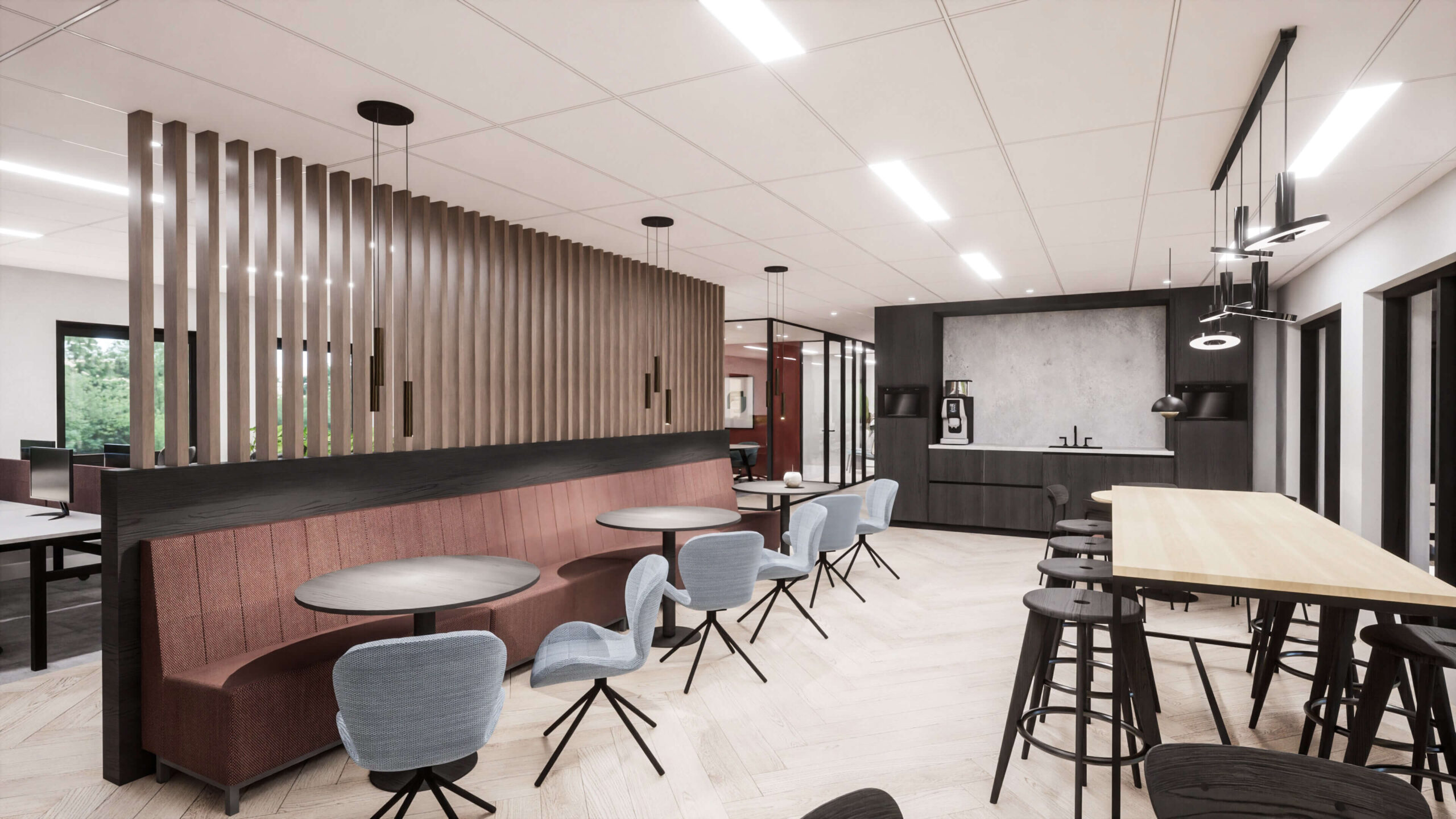 3D visualisatie van Hilversum Marathon kantoorconcept met semi-open kantooromgeving, informele overlegplekken, vergaderruimtes, luxe lunchruimte, concentratieruimtes en managementwerkplekken.