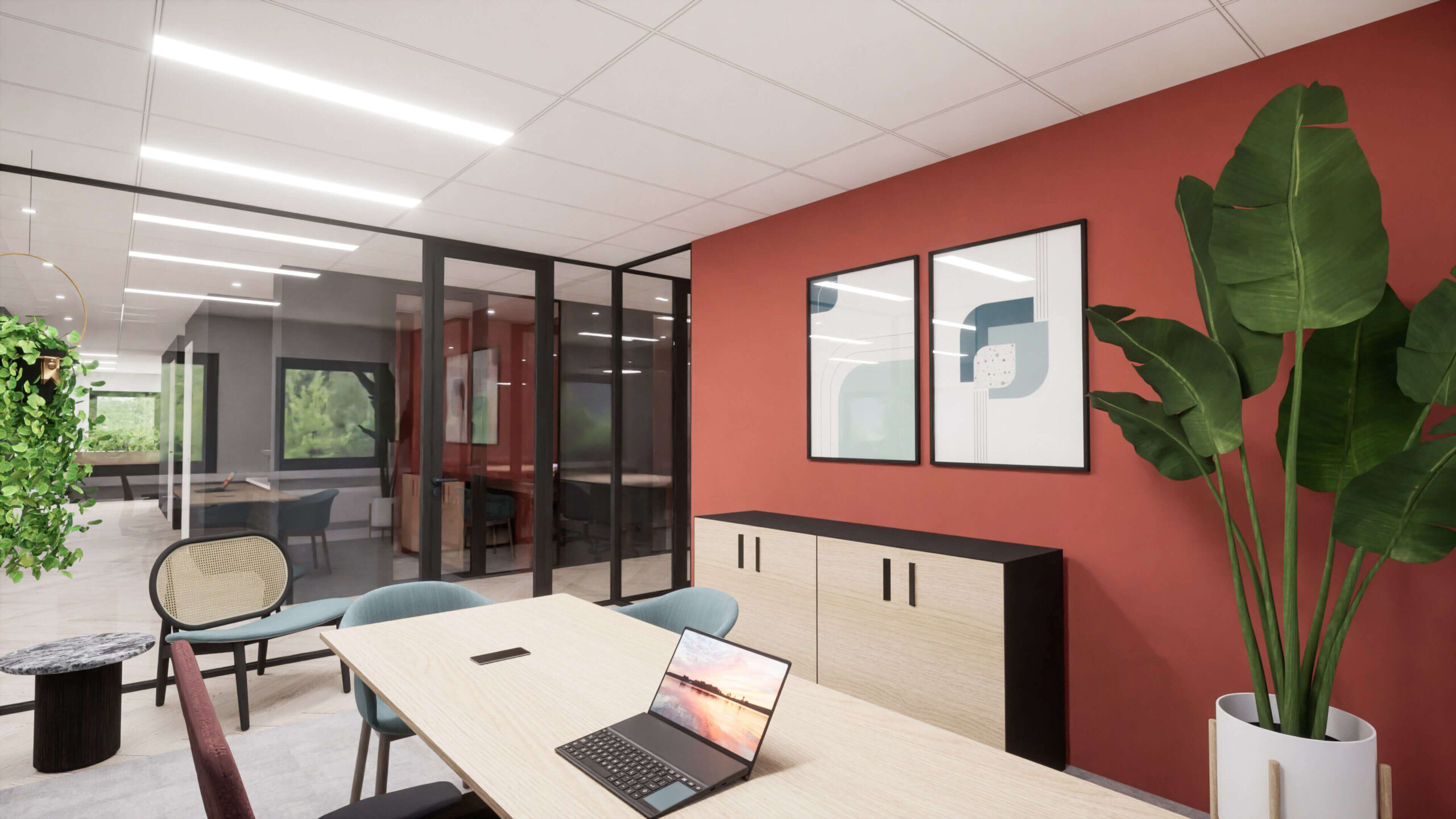 3D visualisatie van Hilversum Marathon kantoorconcept met semi-open kantooromgeving, informele overlegplekken, vergaderruimtes, luxe lunchruimte, concentratieruimtes en managementwerkplekken.